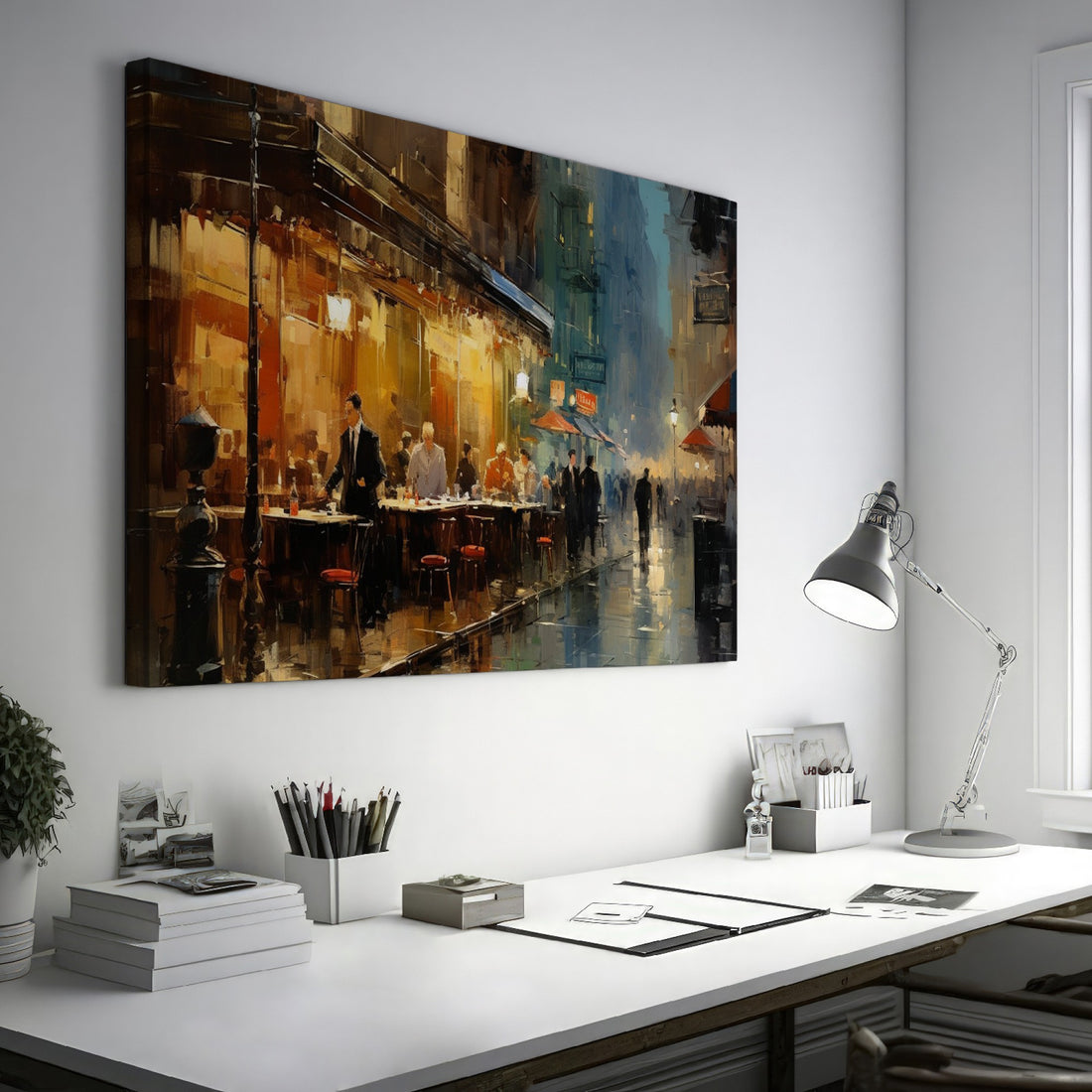 Framed canvas print of a lively European street scene with cafes and pedestrians in an impressionist style