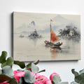 Framed canvas print of traditional Chinese painting featuring a sailboat, misty mountains, and historical architecture