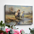 Framed canvas print of two horses by a creek in an impressionist style with warm autumn hues