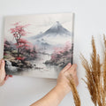 Framed canvas print of Asian landscape with cherry blossoms and misty mountain scenery