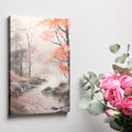 Framed canvas print of a misty forest stream with autumn cherry blossoms in pink and grey hues