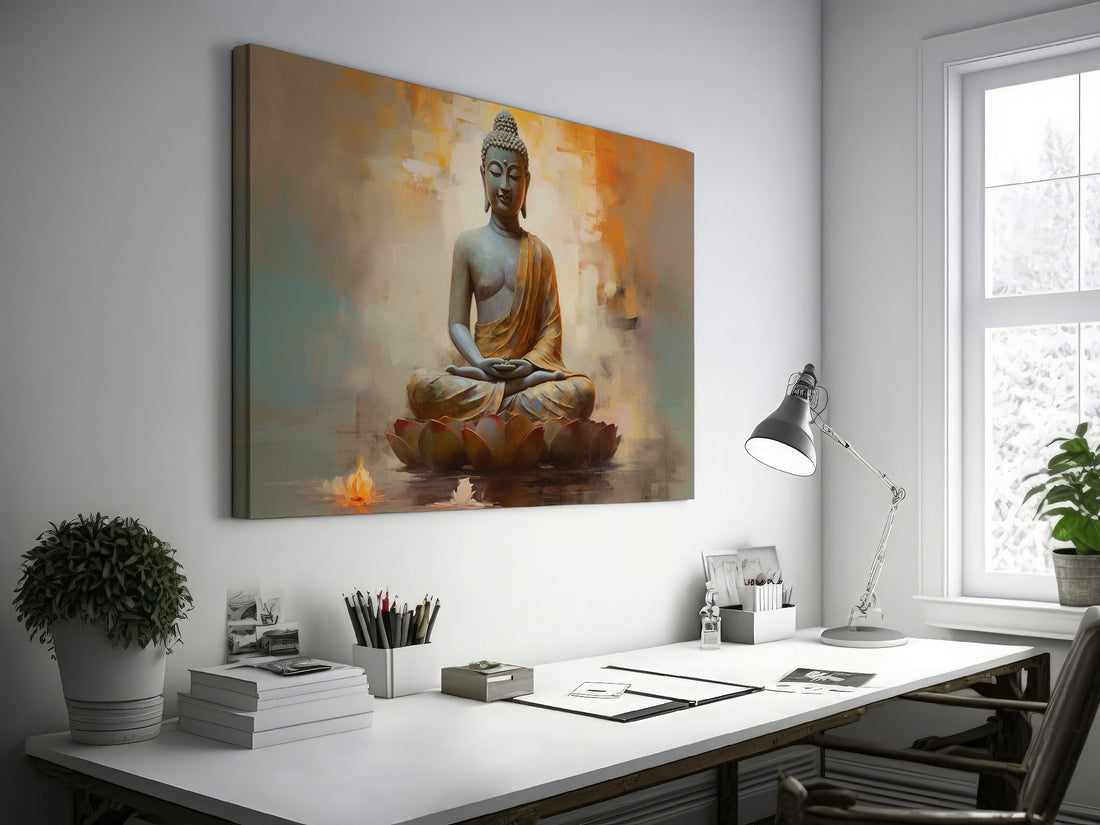 Canvas print of Buddha in meditation on a lotus, with a warm, abstract background in oranges and blues.