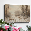 Framed canvas print of a tranquil winter landscape with snow-covered trees and a snowy path