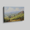 Framed canvas print of a sunny Tuscan landscape with vineyards and rustic houses