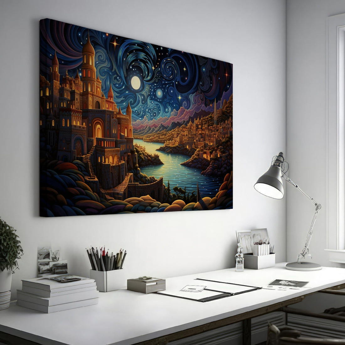 Framed canvas print of a moonlit fantasy cityscape with vibrant colours and a starry night sky