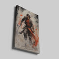 Framed canvas print of a dynamic Samurai warrior in watercolour style with vibrant red accents