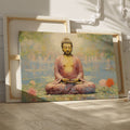 Framed canvas print of a serene Buddha in meditative pose with lotus flowers and reflective water