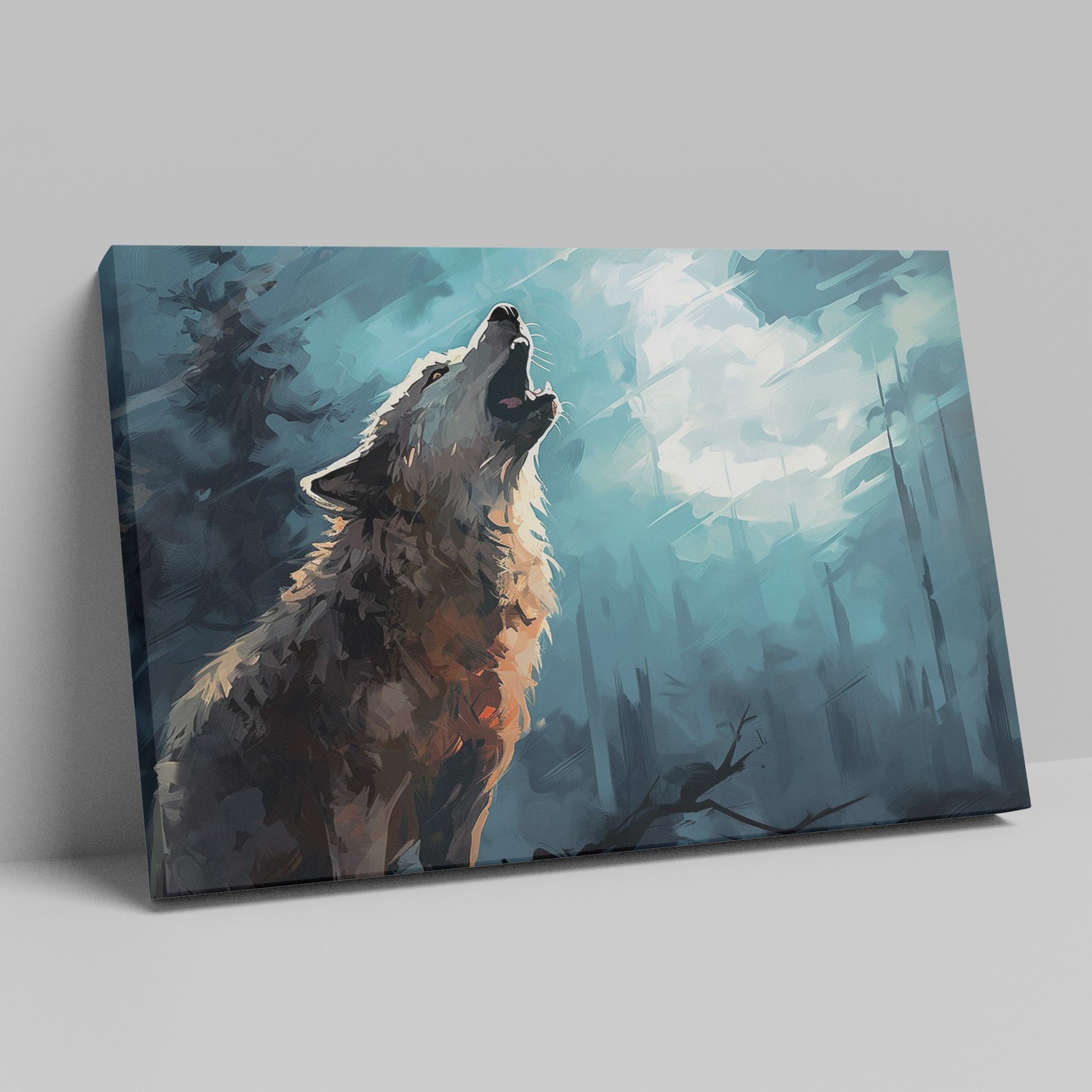 Framed canvas print of a majestic wolf howling in a mystical forest with striking blue and black tones