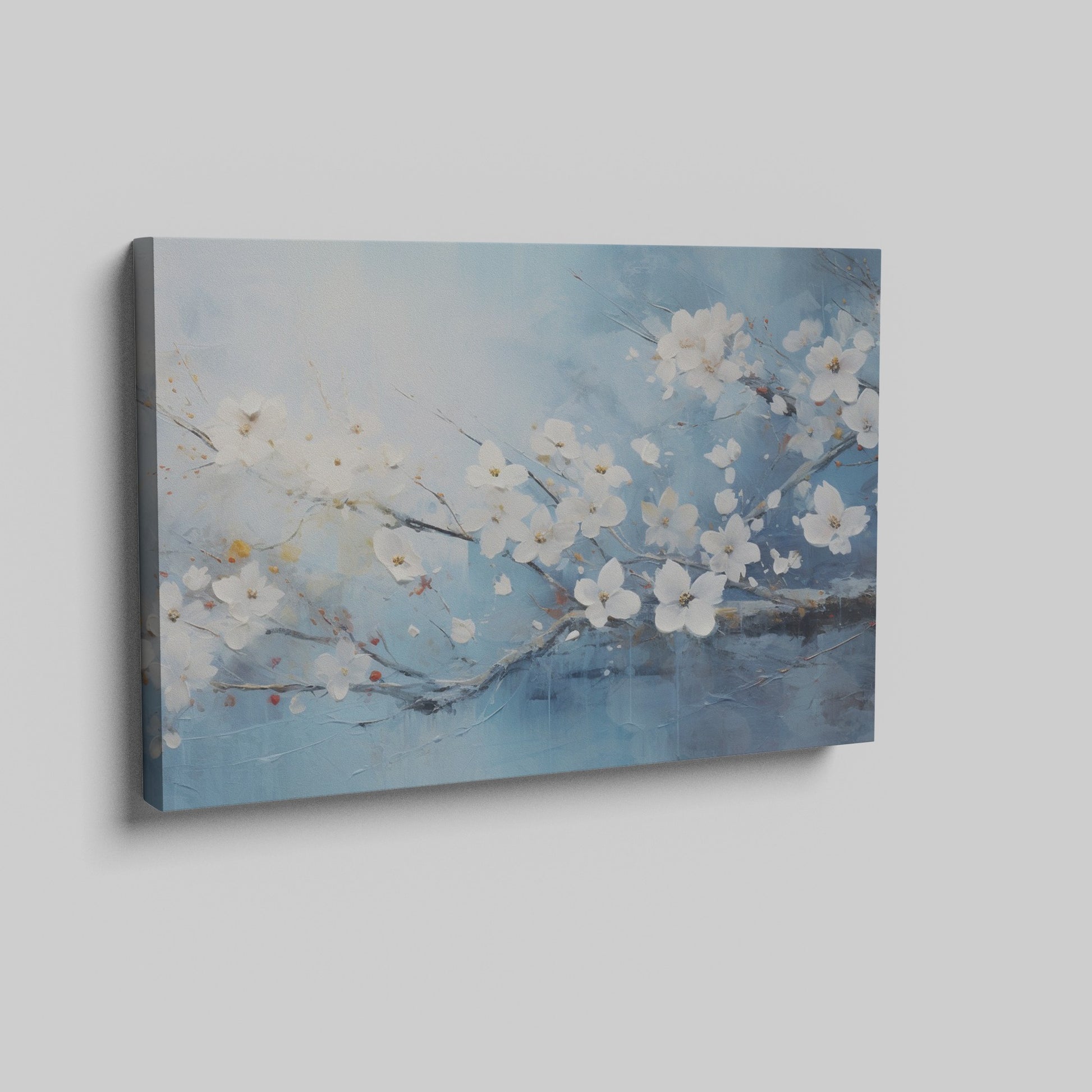 Framed canvas print of elegant white blossoms on a serene blue background with impasto textures