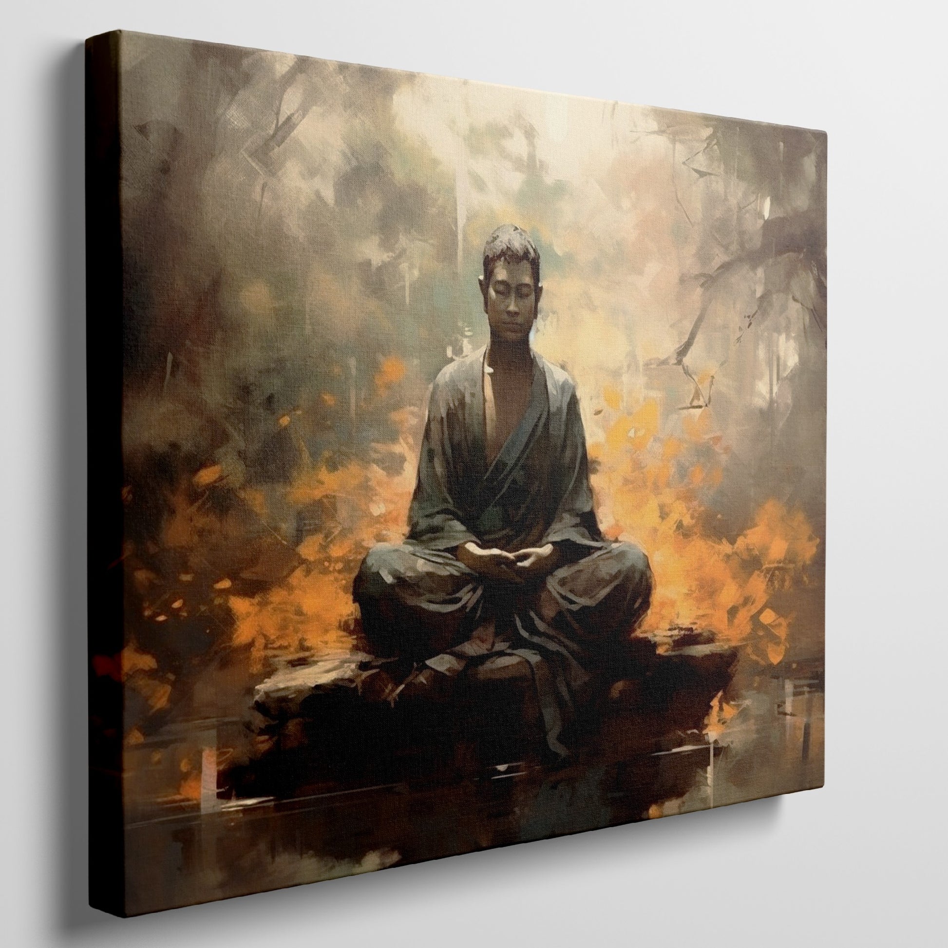 Framed canvas print of a meditative Buddha in a serene forest setting with warm, fiery orange hues