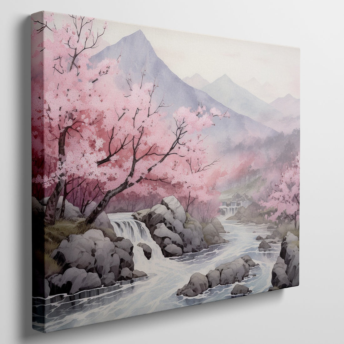 Framed canvas print of a serene Japanese landscape with pink cherry blossoms and a waterfall