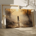 Framed canvas print of a mystical autumnal pathway with a silhouette of a woman walking, surrounded by golden trees and a soft fog.