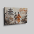 Framed canvas print of traditional Chinese pagoda landscape with figures in kimonos and cherry blossoms