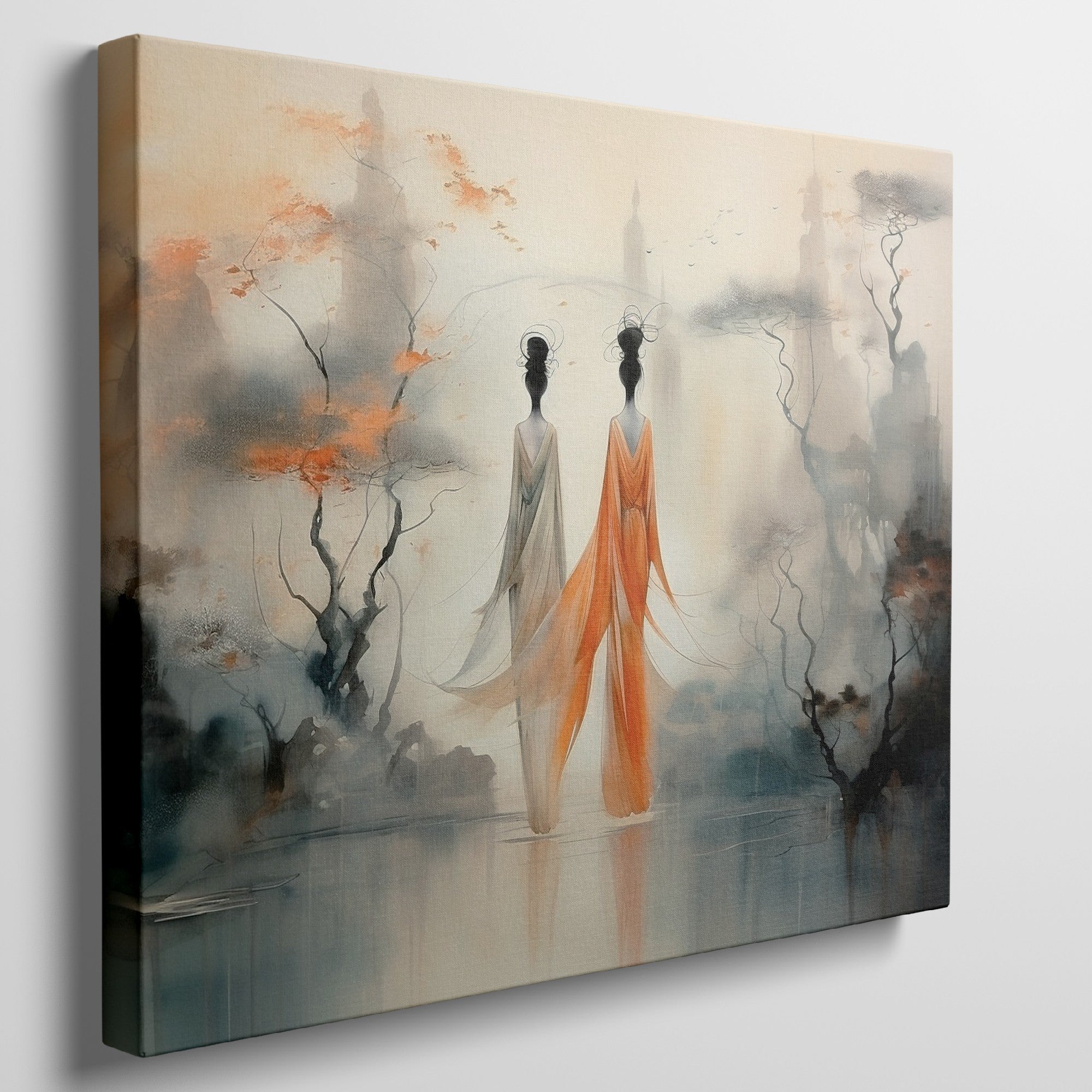 Framed canvas print of ethereal stylised women in a mystical, abstract landscape with orange and ivory tones