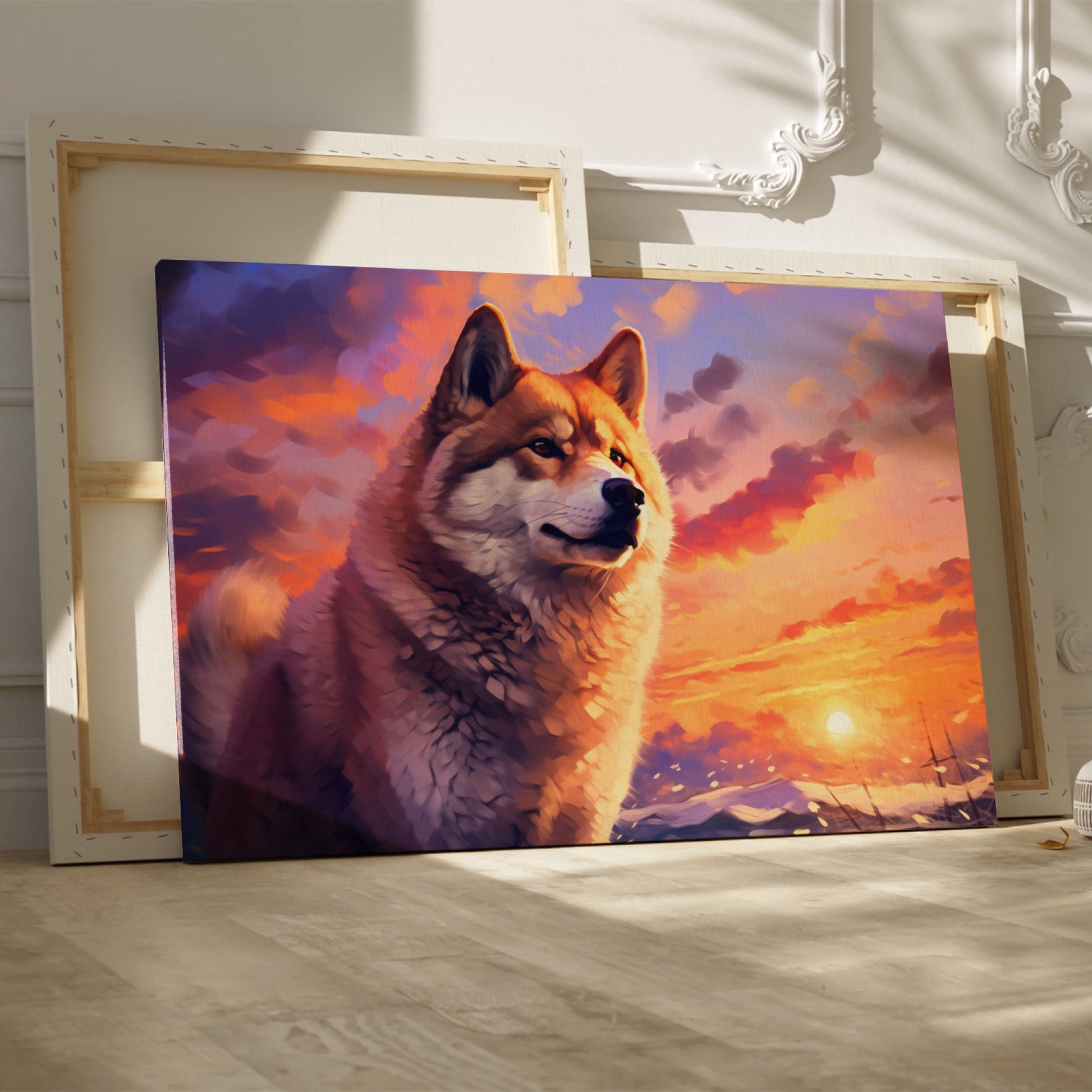 Framed canvas print of a majestic wolf against a vibrant sunset background in fiery tones