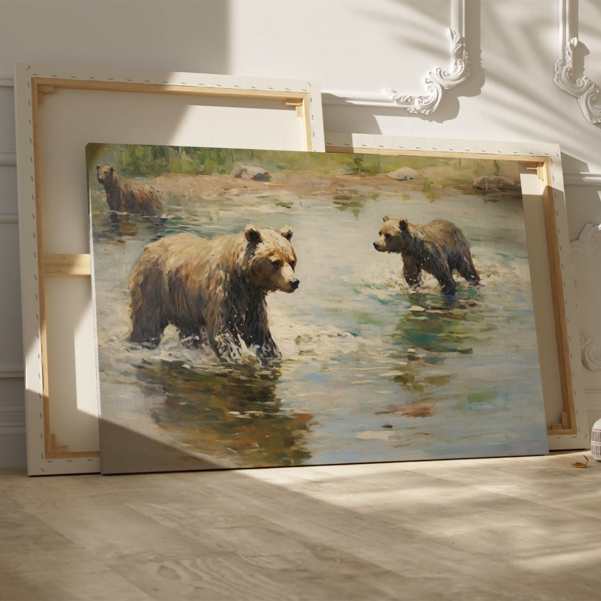 Framed canvas print of grizzly bears wading through water in an impressionist style