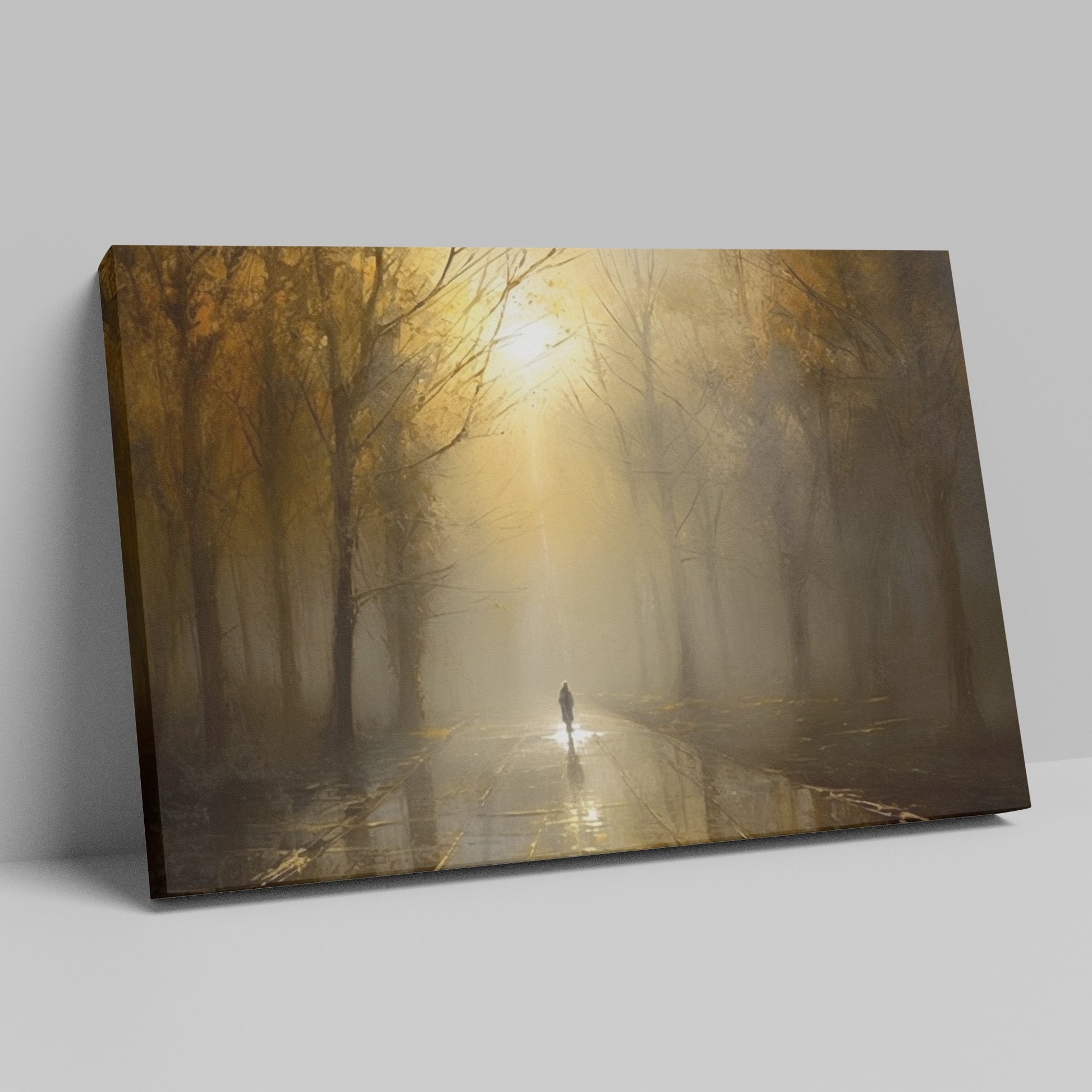 Framed canvas print of a mystical autumn forest with a lone wanderer on a sunlit path