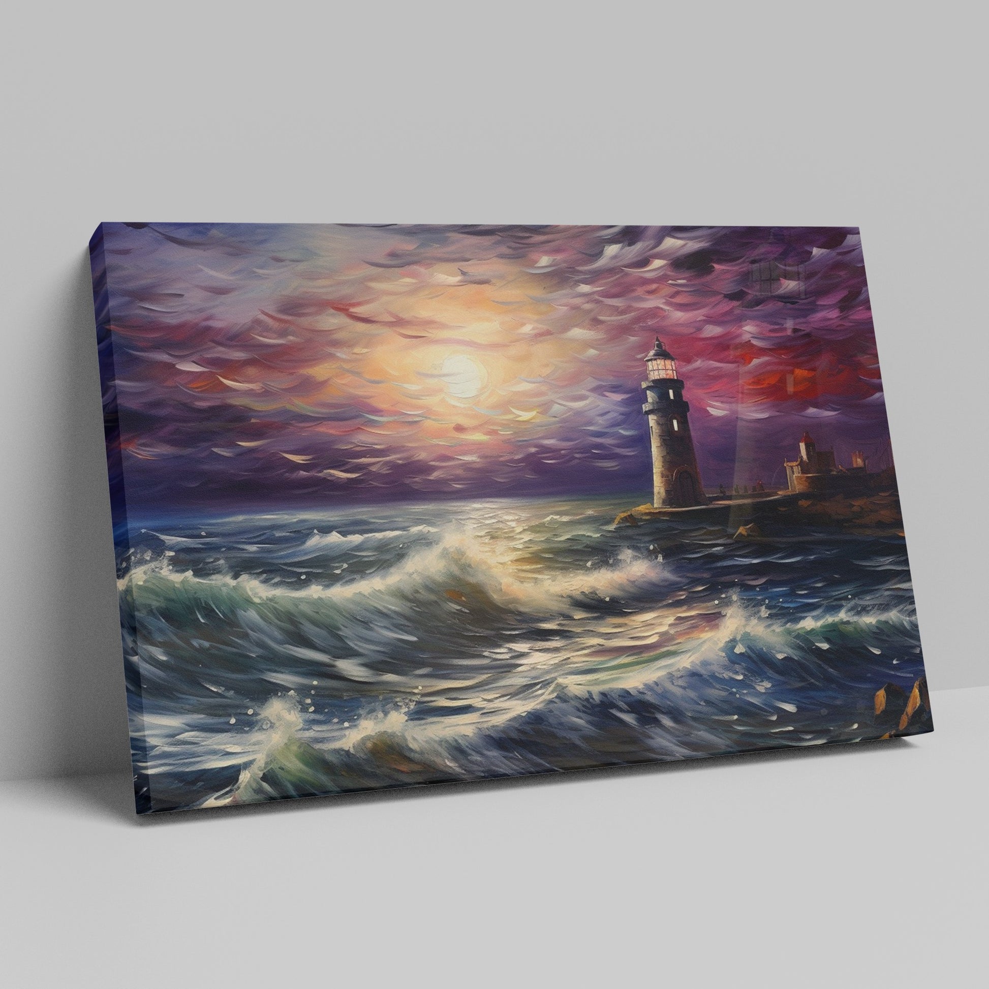 Framed canvas print of a dramatic sunset over a tempestuous sea with a lighthouse