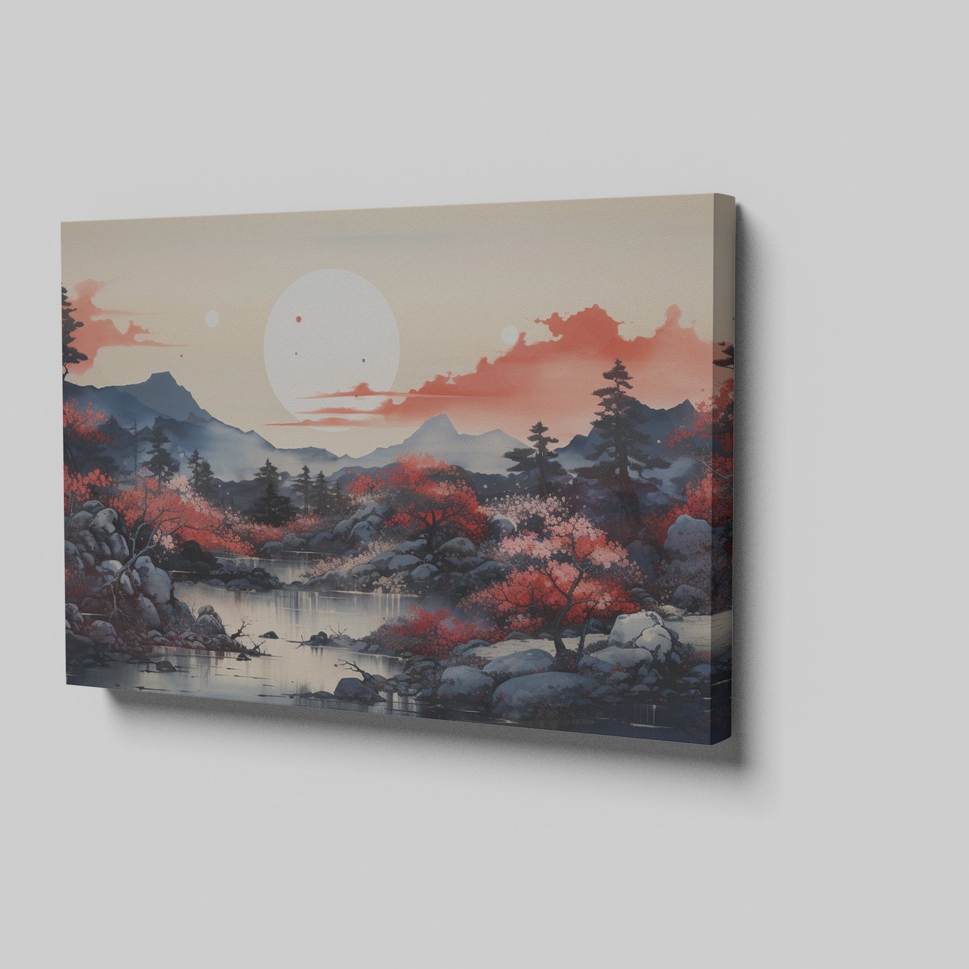 Framed canvas print of oriental autumn landscape with red sakura trees and mountain view