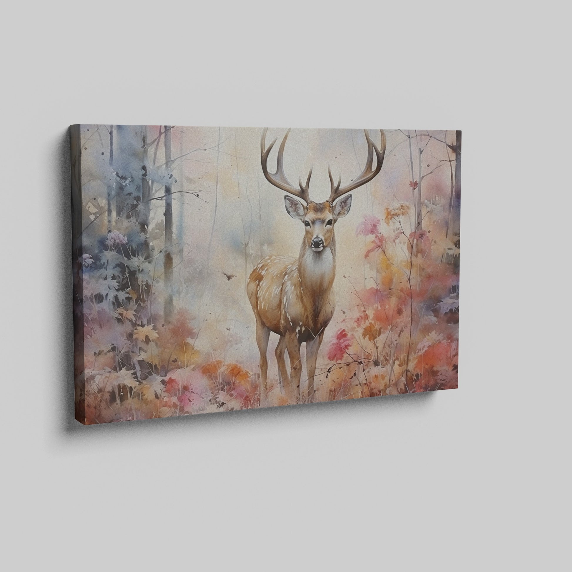 Framed canvas print of a majestic stag in a misty autumn forest