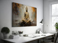 Framed canvas print of a meditative Buddha against an abstract, warm-toned background