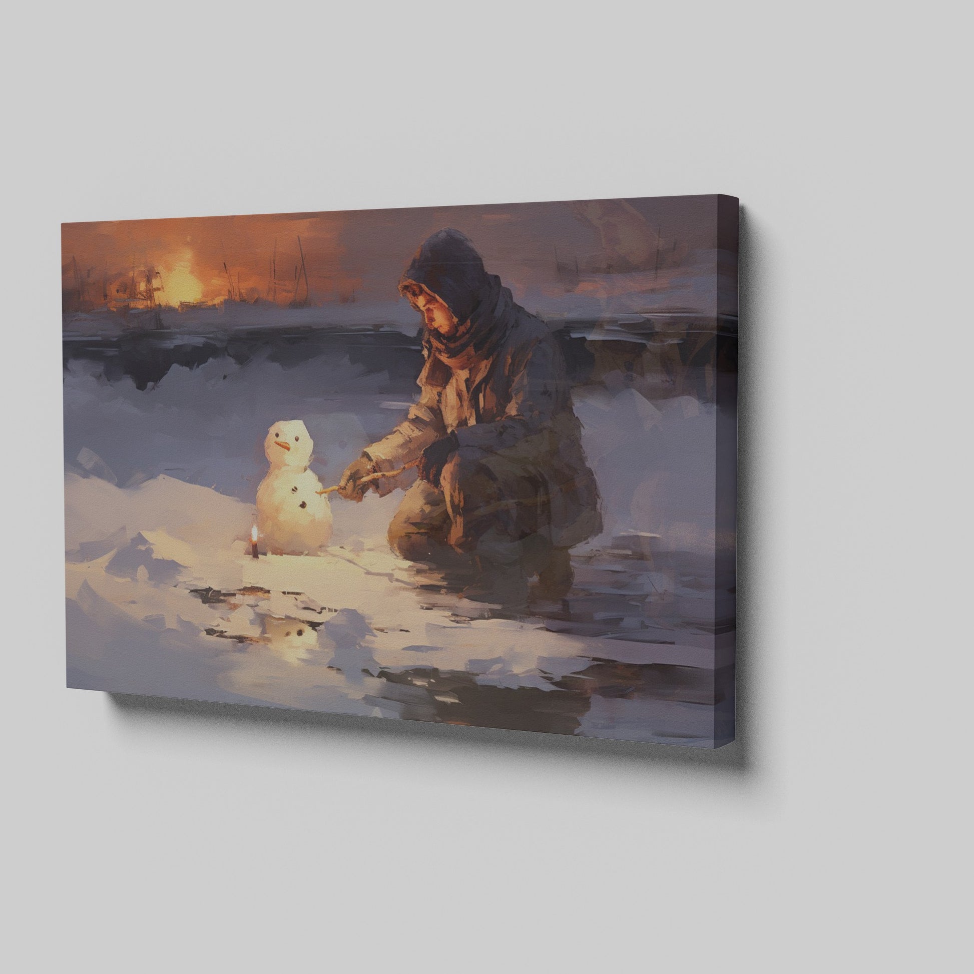 Framed canvas print of a person building a snowman at sunset with a winter landscape