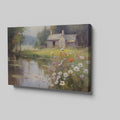 Framed canvas print of a rustic cottage by a peaceful lake with wildflowers in the foreground