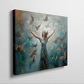 Framed canvas print of a woman joyfully embracing surrounded by impressionist styled birds