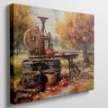 Framed canvas print of an autumn cider press scene with vibrant foliage and vintage farm elements