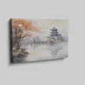 Framed canvas print depicting an autumnal Oriental scene with a pagoda and misty lake