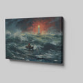 Framed canvas print of a stormy seascape with a lighthouse beacon and a boat at sea, featuring expressive brushstrokes and a dramatic red and blue colour scheme