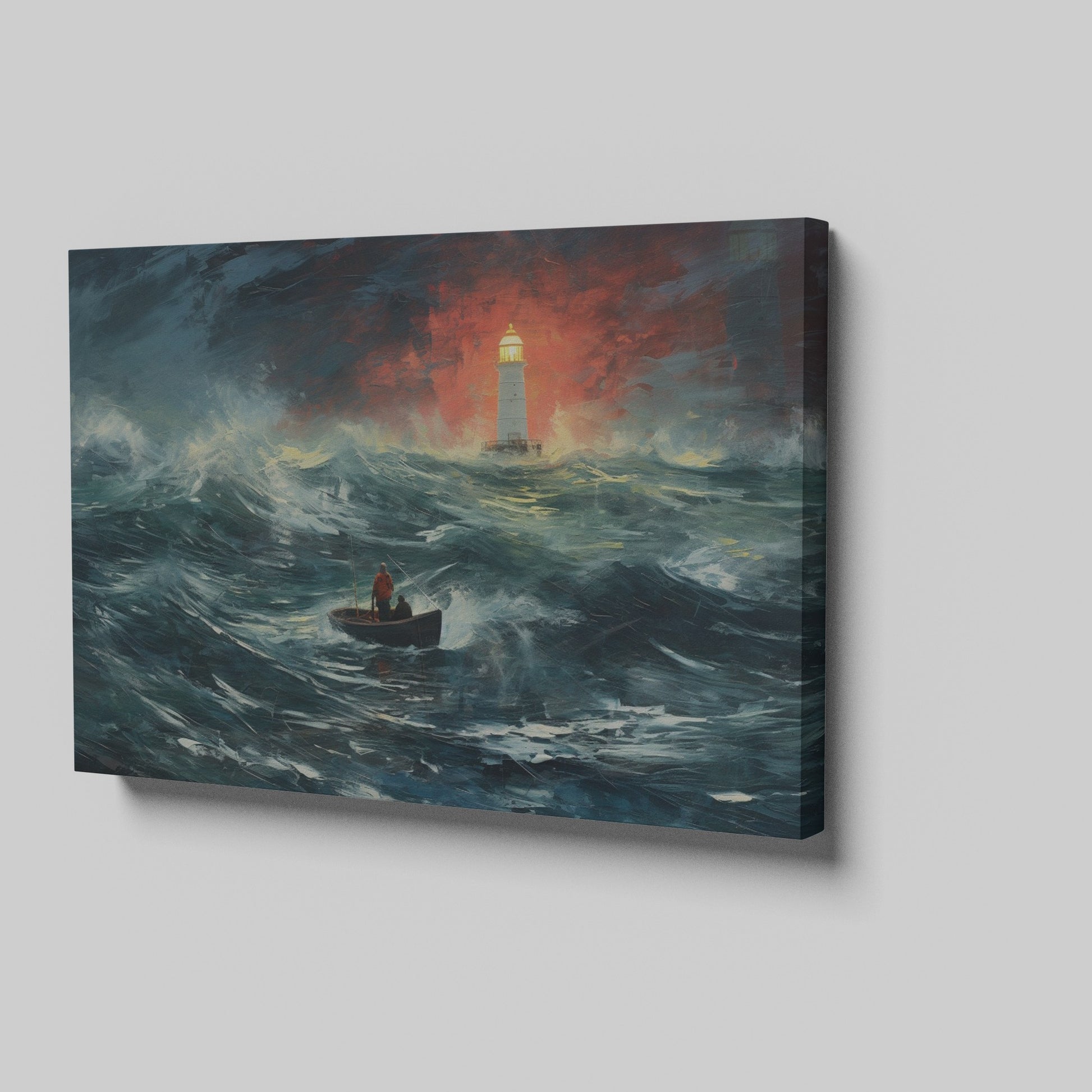 Framed canvas print of a stormy seascape with a lighthouse beacon and a boat at sea, featuring expressive brushstrokes and a dramatic red and blue colour scheme