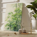 Framed canvas print of a tranquil watercolour depiction of bamboo surrounded by soft green hues