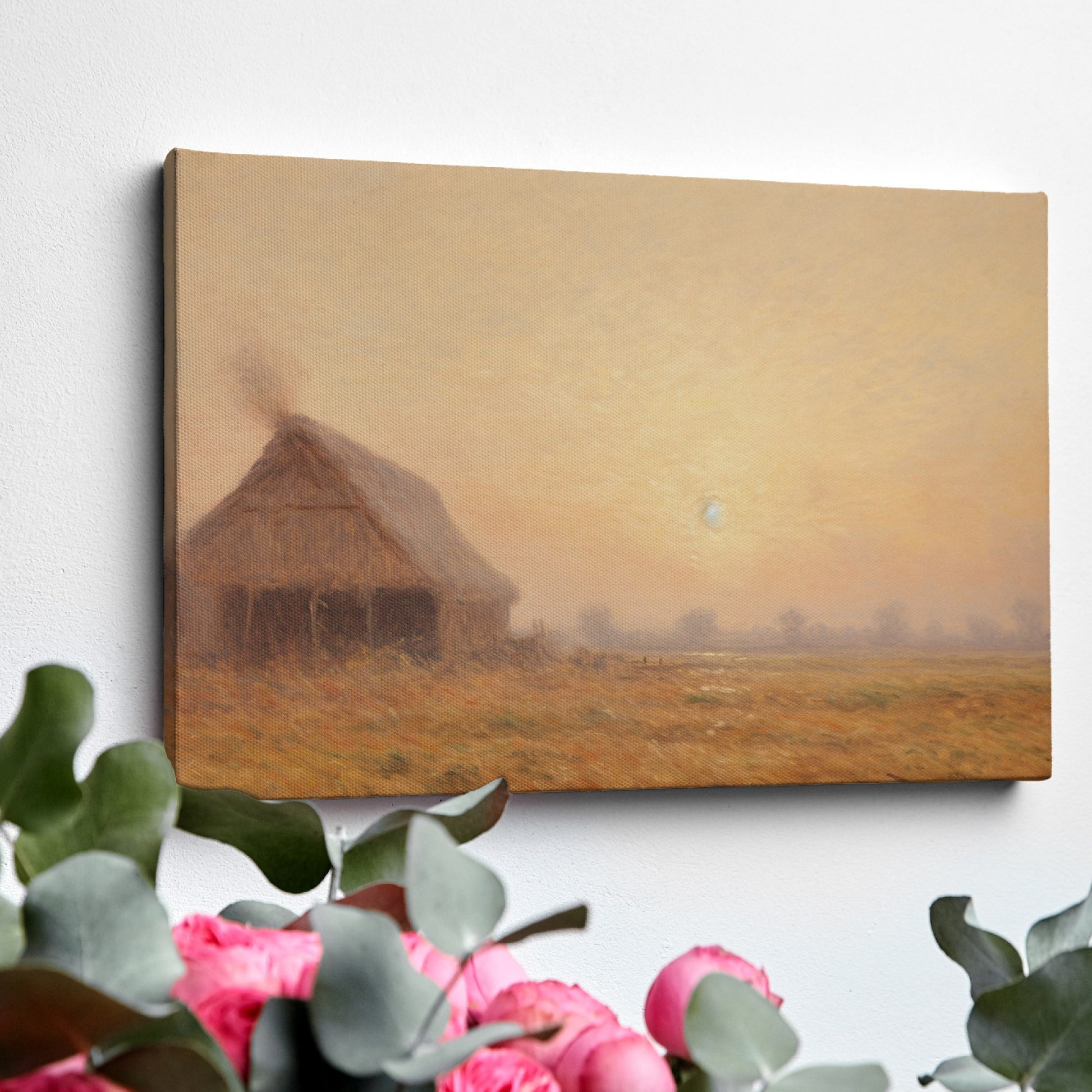 Framed canvas print of golden sunrise with a thatched cottage in a tranquil countryside scene