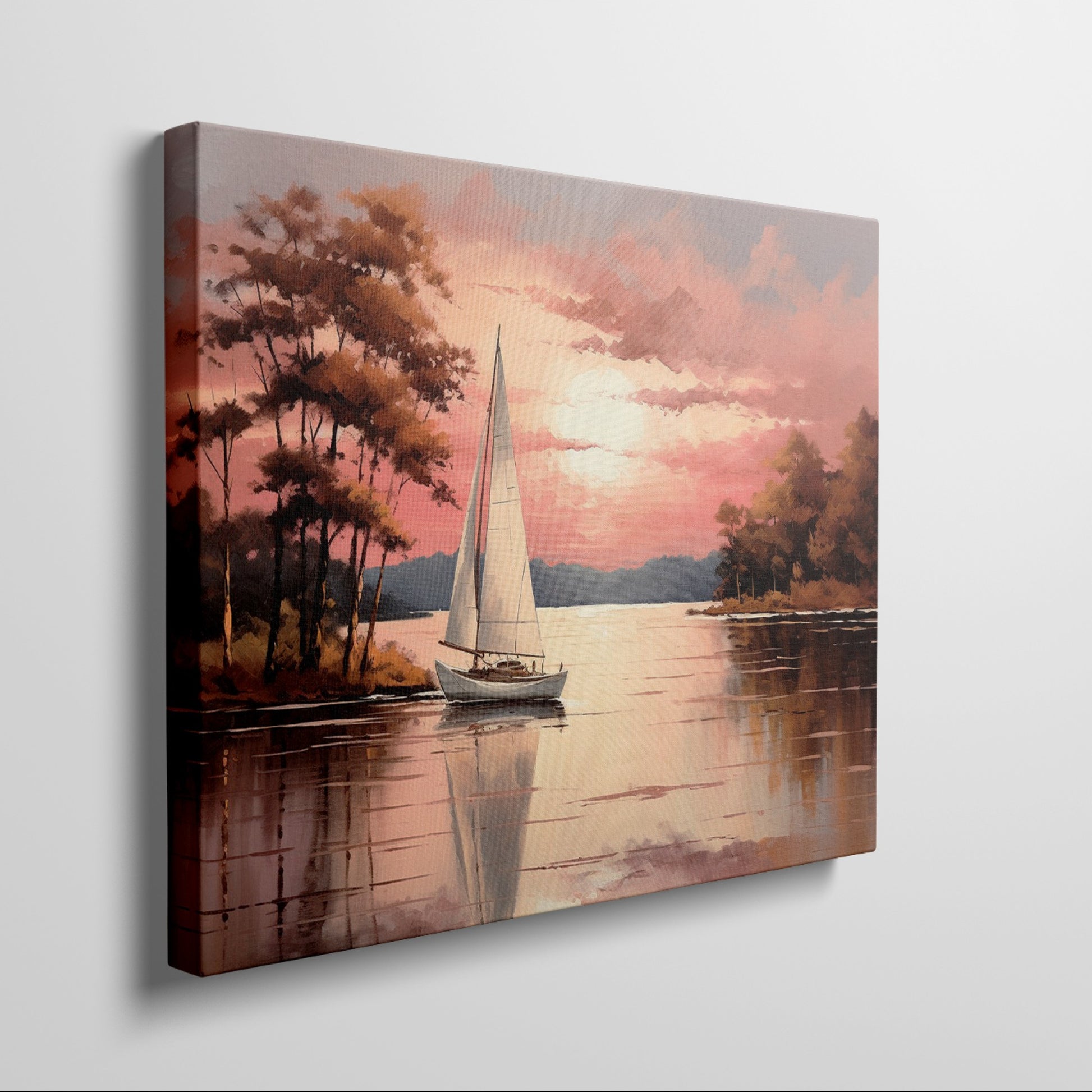 Impressionistic painting of a sailboat on a calm lake with orange and red sunset and tree silhouette reflections.