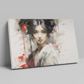 Framed canvas print of ethereal geisha in modern ink style with red accents