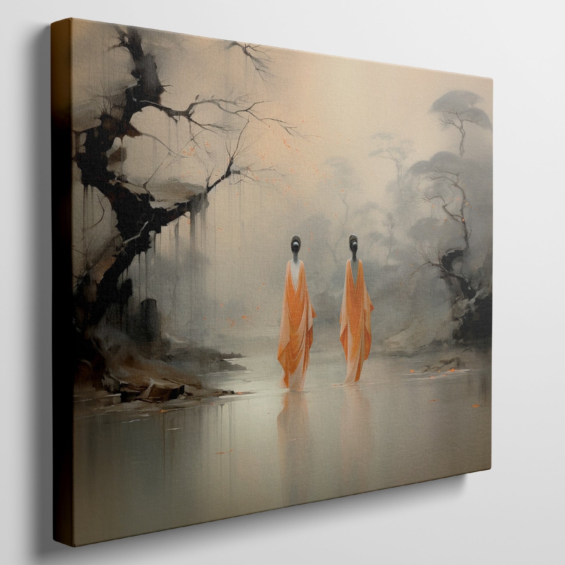 Framed canvas print of monastic figures in saffron robes by a misty river amidst autumn trees