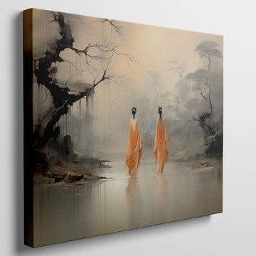 Framed canvas print of monastic figures in saffron robes by a misty river amidst autumn trees