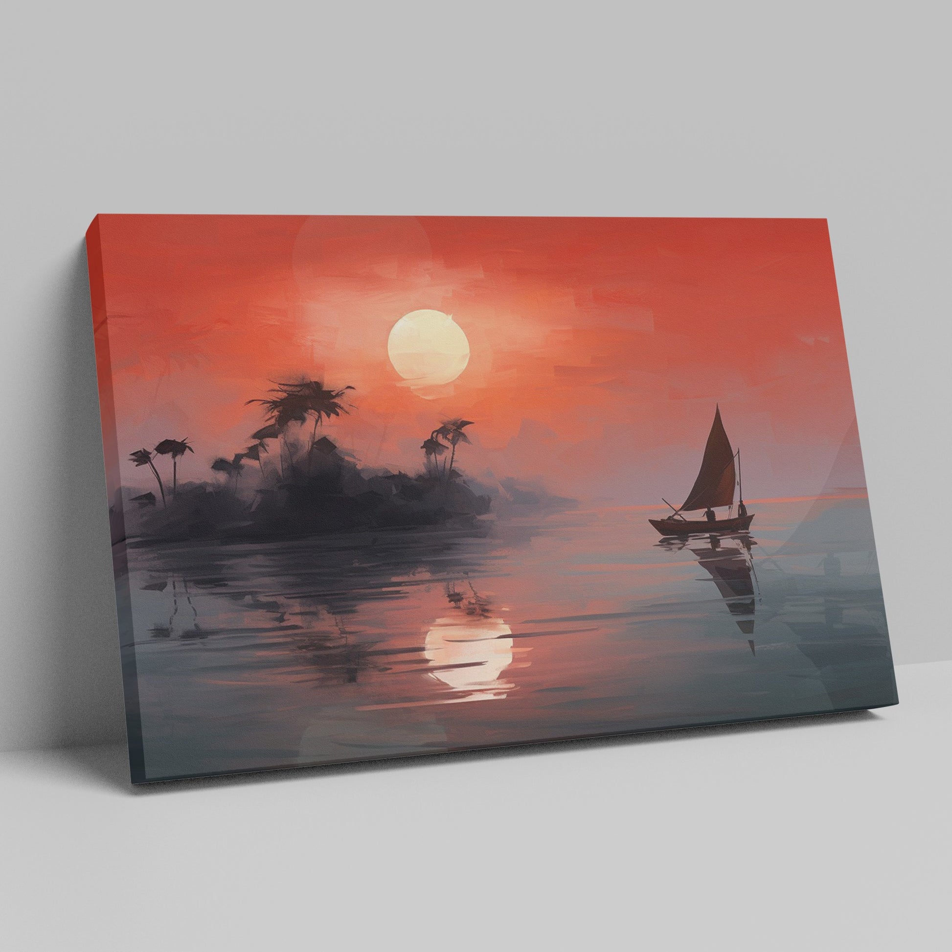 Framed canvas print of a tropical sunset with silhouette of sailboat and palm trees reflection on the water