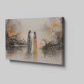 Framed canvas print of oriental ink wash painting with misty landscape and autumn hues