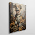 Framed canvas print of a cheerful dog surrounded by autumn leaves in a woodland setting