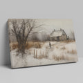 Framed canvas print of a rustic winter scene with a country home and an individual walking by