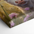 Framed canvas print of a realistic calf in a meadow with pink and yellow flowers