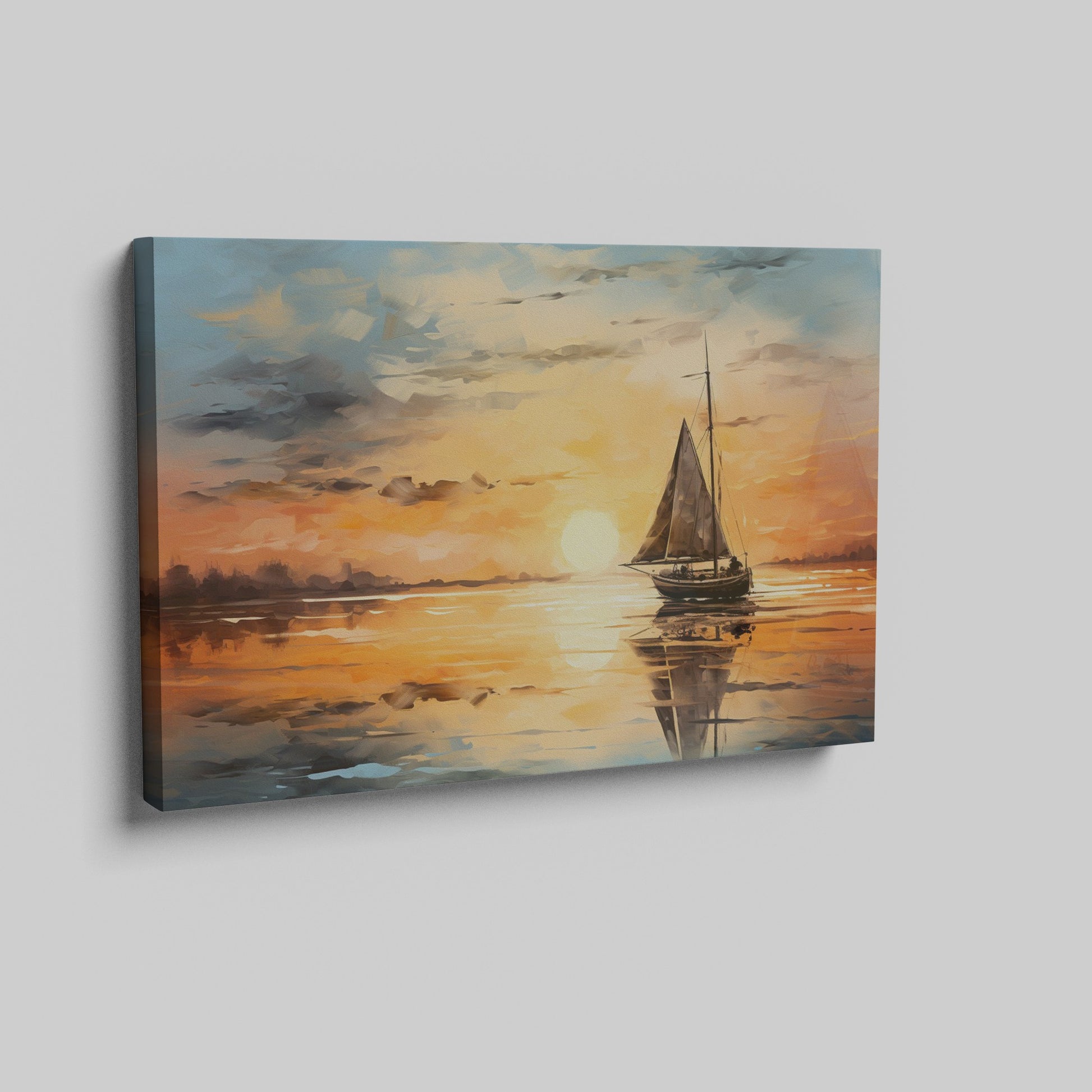 Framed canvas print of sailboat against golden sunset with peaceful ocean reflection