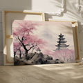 Framed canvas print of Oriental Pagoda in Mist with Cherry Blossoms