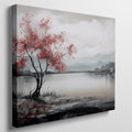 Framed canvas print of a serene landscape painting showcasing a vibrant red tree against a monochrome backdrop with flying birds