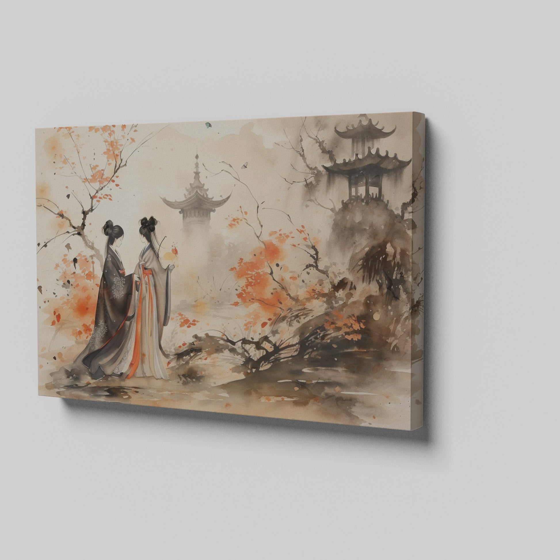 Framed canvas print of an oriental ink painting depicting two figures in traditional attire with an autumnal landscape and pagoda