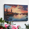 Framed canvas print of a scenic London skyline at sunset with vibrant hues and the River Thames