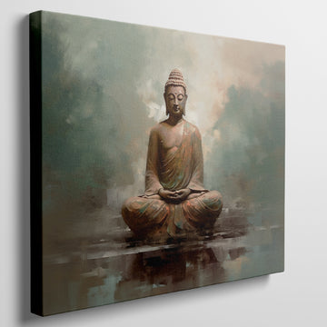 Framed canvas print of a meditative Buddha in earthy browns and soft blues