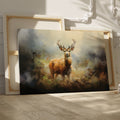 Framed canvas print of an impressionist painting of a stag in a misty autumn forest